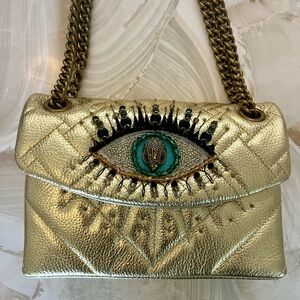 Kurt Geiger The Eye NWOT handbag in metallic gold, beaded eye, gold tone chain